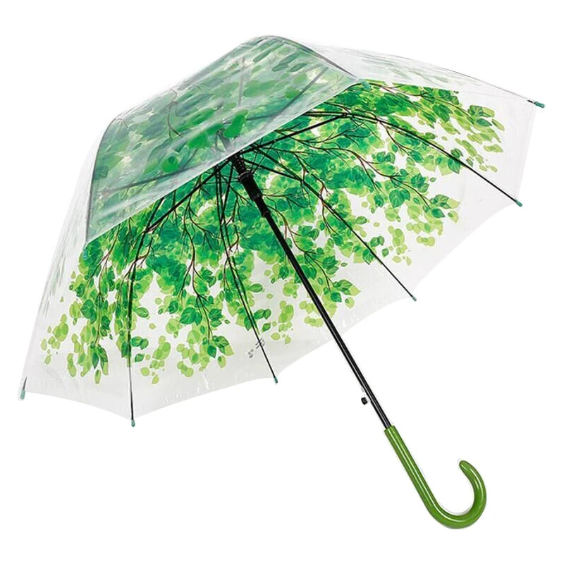 1 шт., прозрачный зонтик с зеленым листом для женщин, зонт принцессы с длинной ручкой, милый зонтик с защитой от ветра и дождя