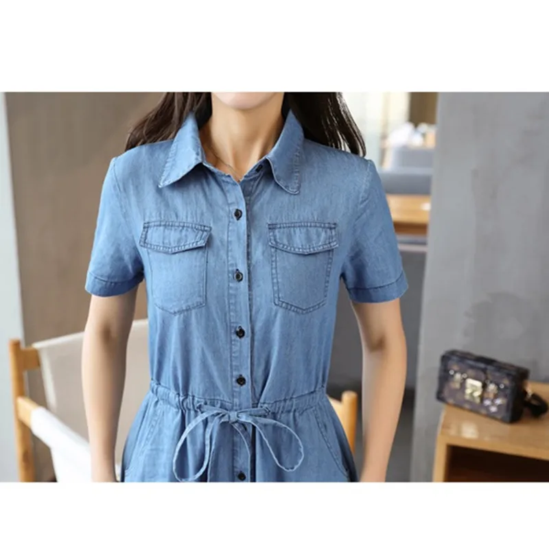 2018 Summer Women Jeans Dress Fashion Short Sleeve Pocket Vintage Lapel Denim Dress Girl Slim Thin A-Line Dress Casual Clothing