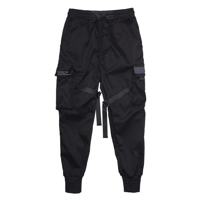 Мужские штаны-карго с лентами, с черным карманом, Повседневная Уличная одежда,, шаровары, джоггеры, Harajuku, спортивные штаны, мужские брюки в стиле хип-хоп