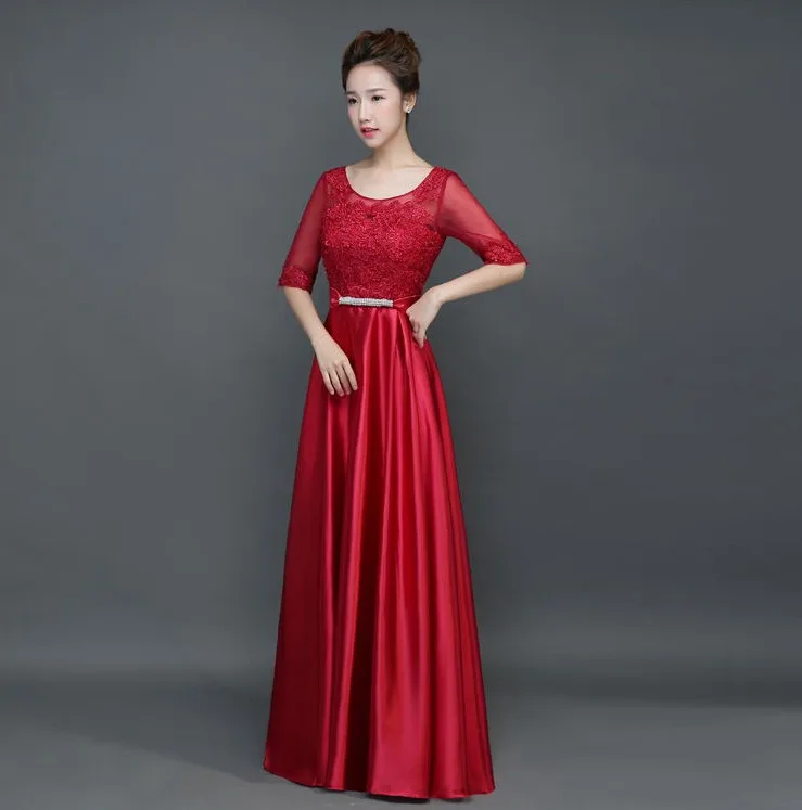 Vestido para boda2019 Черпак шеи кружева атласа Половина рукава линия Бургундия Королевский синий золото платья невесты длинные