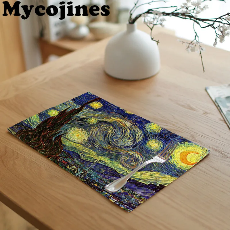

Van Gogh Paintings Tablecloth Star Moon Night Iris Flower Sunflower Field Pattern Cafe Art Place Mat Family Table Decor Napkins