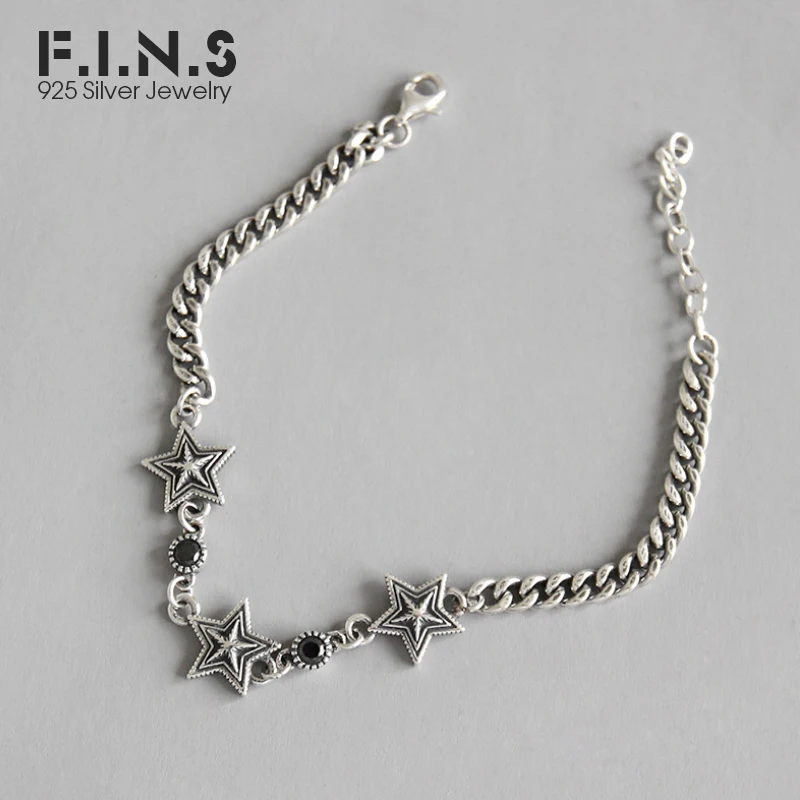 

F.I.N.S 925 Sterling Silver Bracelet Punk Vintage Star Thai Silver Black Zircon Decoration Link Chain Bracelets Fine Jewelry
