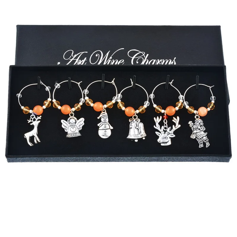 

MJARTORIA 1Set/6PCs Silver Color Charms For Wine Glasses Christmas Decorations Orange Beads Charms Fit New Year Gifts