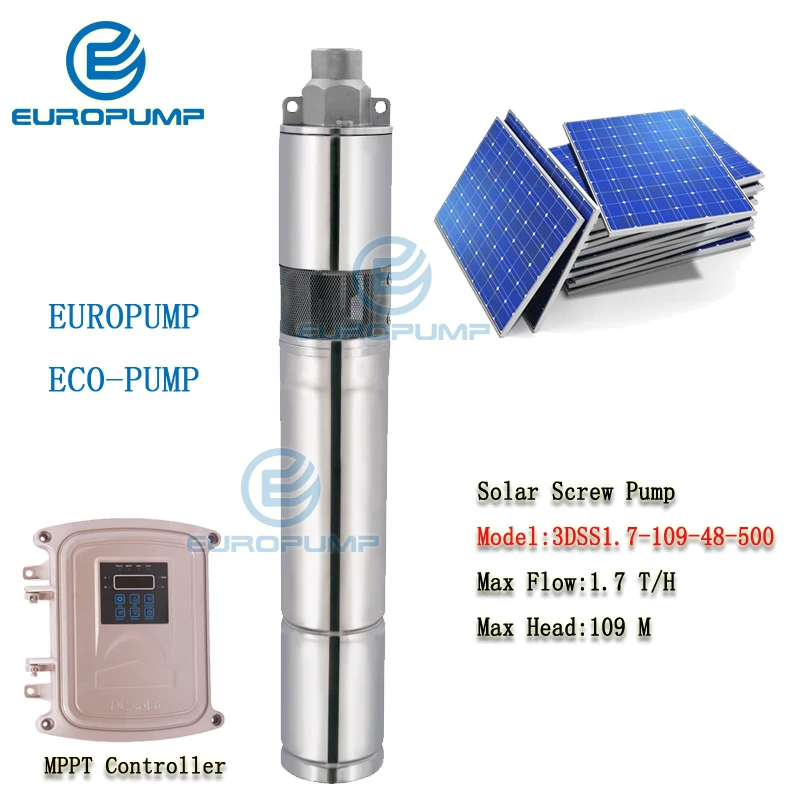 

EUROPUMP MODEL(3DSS1.7-109-48-500) 3" DC Screw Deep Well Solar Water Pump Kits 48V 500W Max Head 109m, Flow 1.7T/H water pump