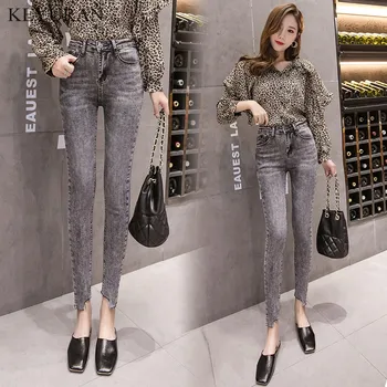 

Plus Size Jeans High Waist Women Slim Washed Gray Denim Pencil Pants Femme High Elastic Skinny Stretch Large Size 2XL L2975