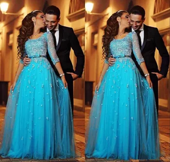 

Lace Appliques Evening Dress 2020 Half Sleeves vestido de festa Evening Party Prom Gown robe de soiree Formal Dress Abendkleider
