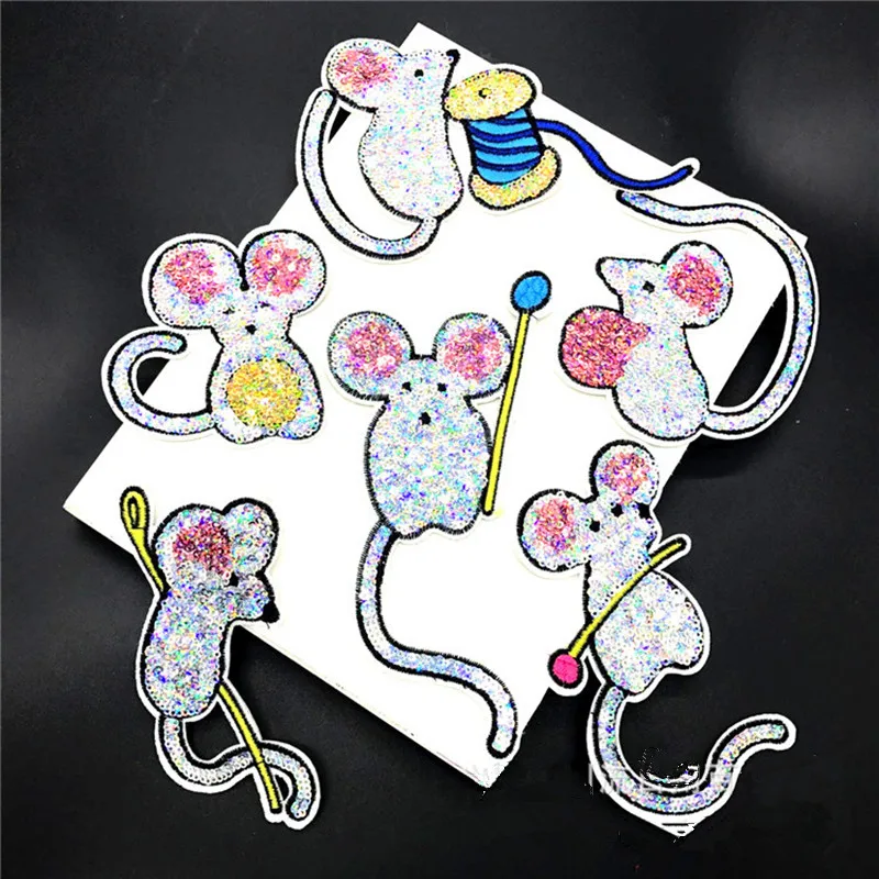 

6Pcs/Lot Mouse Sequin Embroidered Patches Animal Applique Stick Iron On Clothes Baby Clothing Accessory Paillette Patches Diy