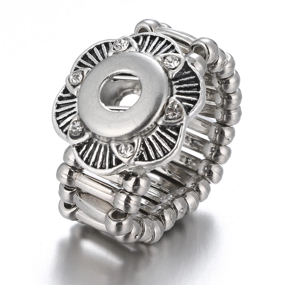 

3pcs/lot flower pattern rings jewelry silver alloy crystal snap button elasticity ring for 12mm button snap charm jewelry