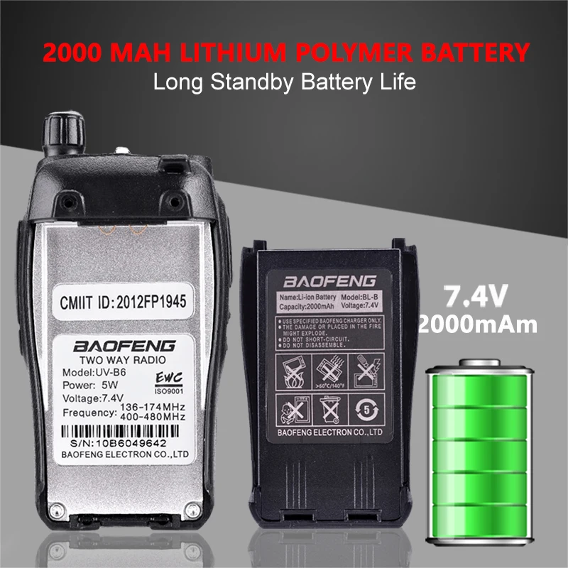 2PCS Baofeng UV-B6 Dual Band Walkie Talkie 10 KM Pofung 2000mAh 7.4 V Portable Ham Radio Transceiver PTT Telsiz CB Two Way Radio