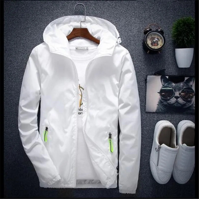 Новая весенне-осенняя куртка-бомбер размера плюс 6XL 7XL, мужская и женская повседневная однотонная ветровка на молнии, тонкое пальто с капюшоном, верхняя одежда, мужская куртка - Цвет: Белый