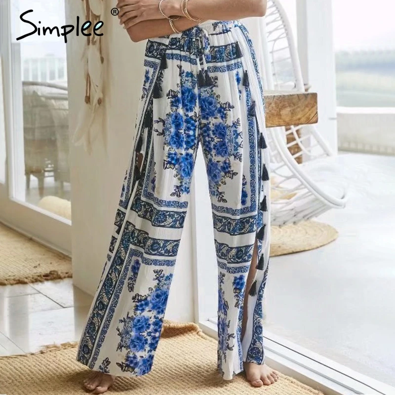 Simplee High split print wide leg pants women Loose elastic high waist