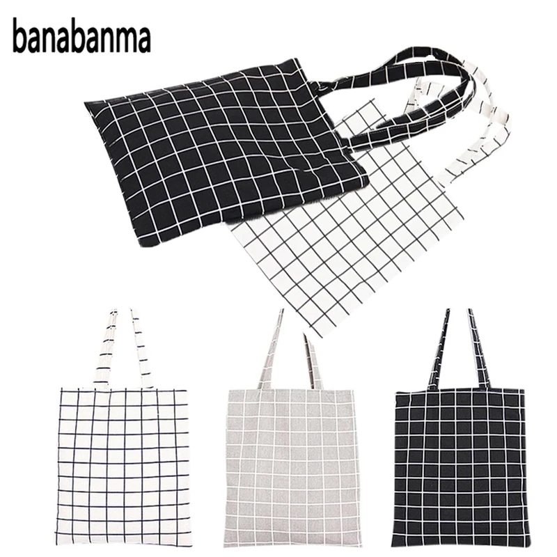 

Banabanma Women Handbag Student Cotton Linen Fashion Plaid Shoulder Tote Handbag Eco Shopping Large Capacity Canvas Purse ZK30