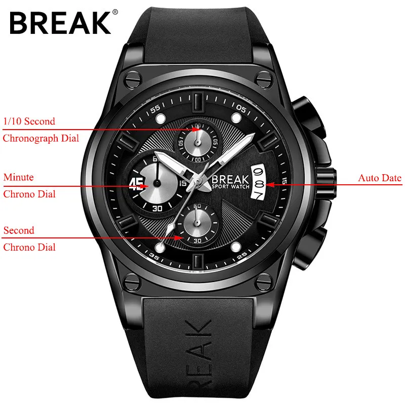 Часы BREAK, мужские роскошные брендовые кварцевые часы, модные спортивные часы с хронографом, мужские часы 5623 - Цвет: black