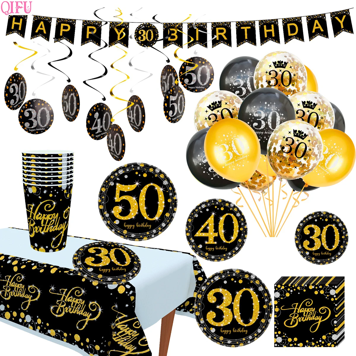 

QIFU Black Gold Party Decor 30th Candy Stickers 40th Happy Birthday Party Decorations Adult Banner 60th Birthday Party Supplies