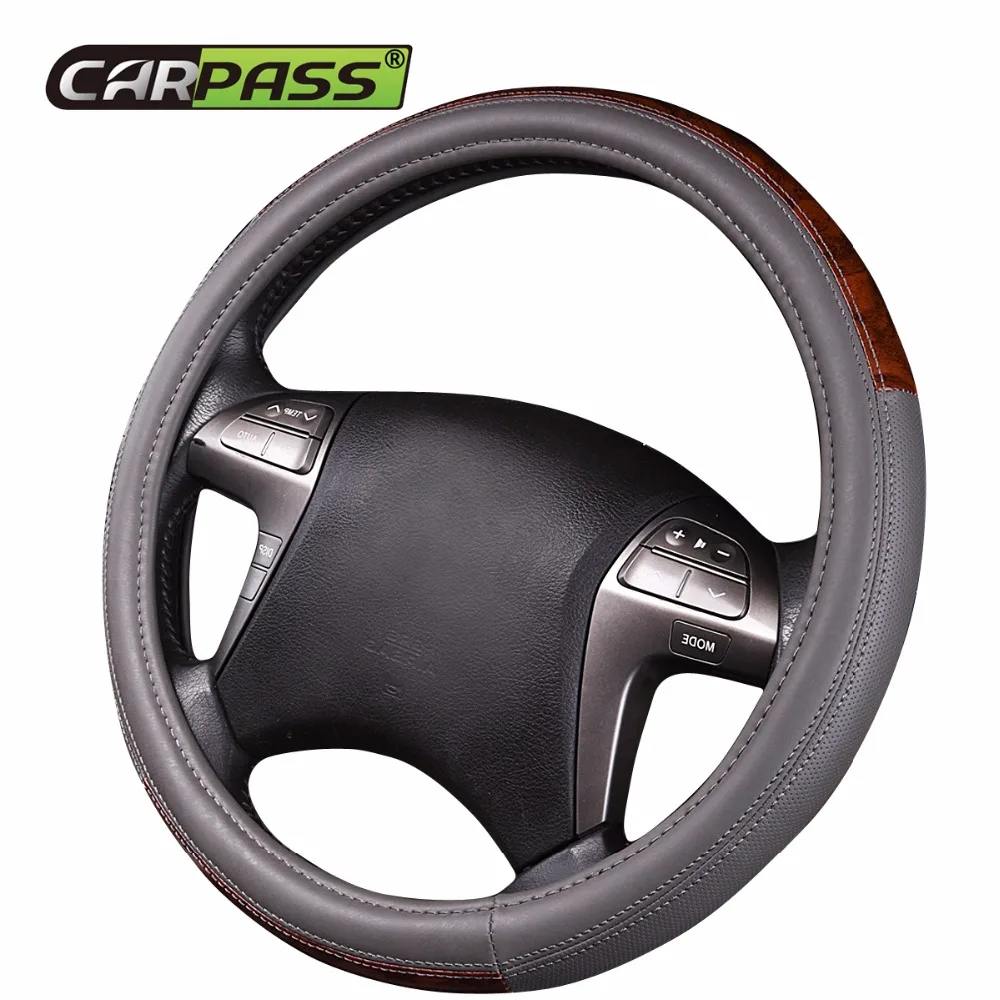 Car pass Luxurious Car Steering Wheel Cover Faux Leather Black Gray