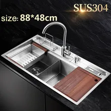 304 нержавеющая сталь ручная Большая двойная чаша с канавкой и ременной головкой 88см48см раковины на утолщенном резервуаре кухонная раковина