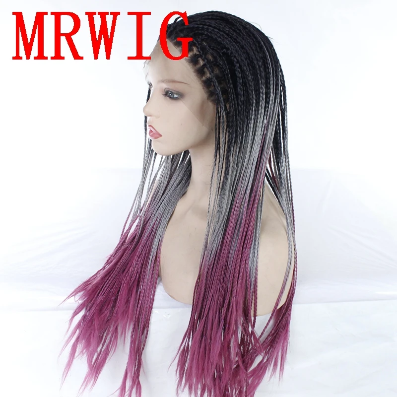 MRWIG Ombre серый/фиолетовый 26in часть плетеный ящик косы парик Синтетический бесклеевой передний парик Детские волосы термостойкие волокна