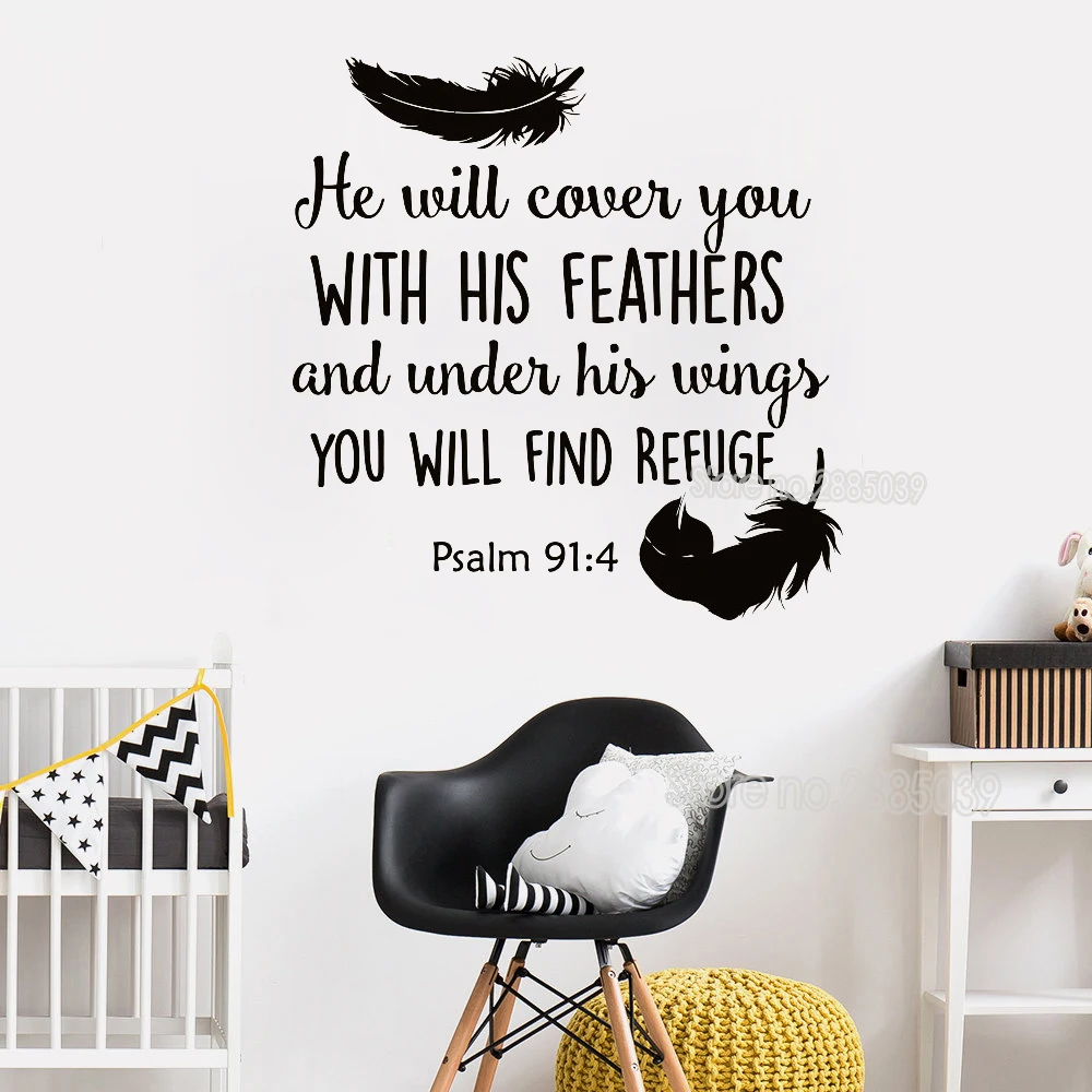 

Newly Arrivals Psalm 91:4 Bible Verse Wall Sticker Decal For Bedroom Decor He Will Cover You With...Vinyl Quotes Wallpaper LC421