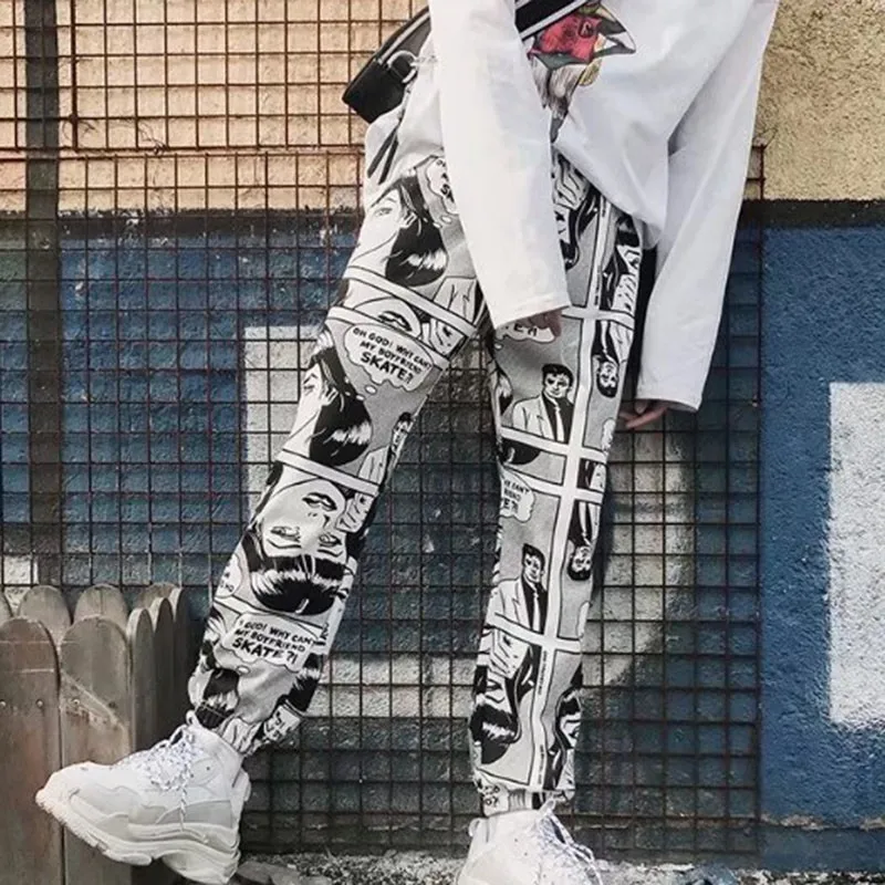 Стильные Мультяшные штаны на шнурке с эластичной резинкой на талии, длинные штаны в стиле хип-хоп, женские повседневные брюки в стиле Харадзюку с высокой талией