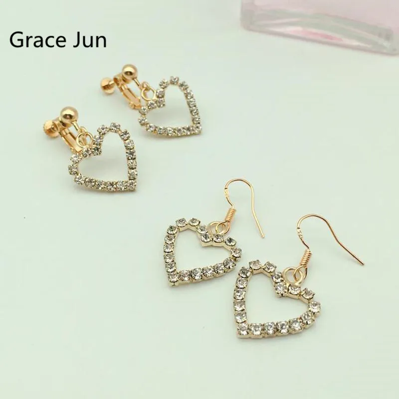 

4 Colors Choose Full Rhinestone Heart Shape Clip on Earrings and Drop Pierced Earrings for Women Party Wedding Charm Jewelry New