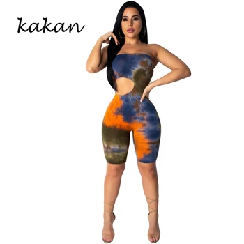 

Kakan summer new women's print one-piece tights word collar backless Slim casual bodysuit tube top openwork jumpsuit