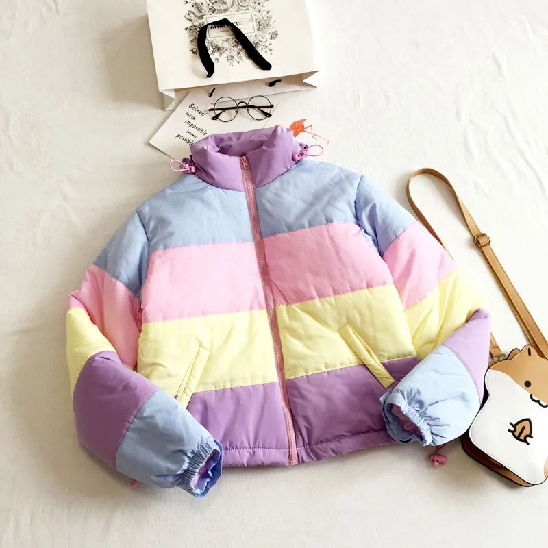 

Warm Women's Coats Oversized Parkas Short Padded Jacket Pockets Winter Clothing Fresh Rainbow Stripe Splicing Fluffy Parkas Lady