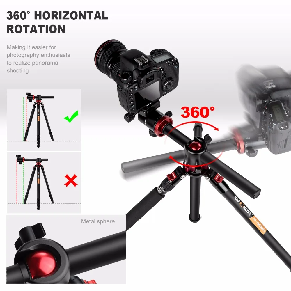 K&F CONCEPT Camera Tripod Professional 180' Foldable Lightweight Tripod with Ball Head and Carrying Bag for DSLR SLR Camera