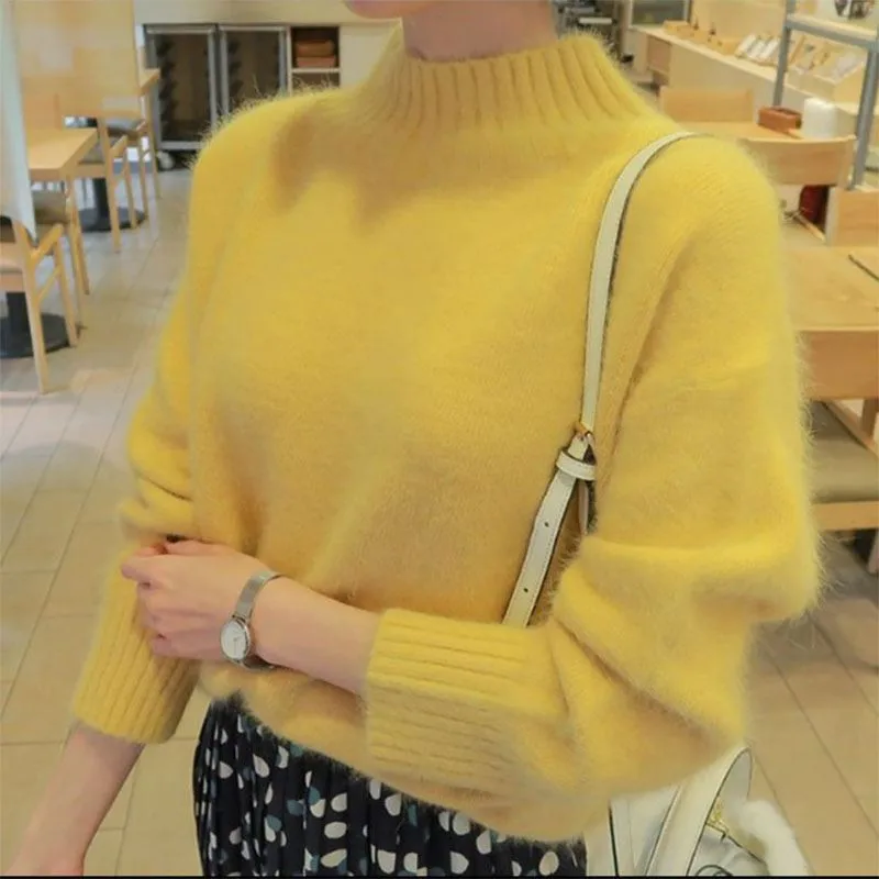 

2019 Autumn Winter Women Turtleneck Mohair Sweater 20% Soft Wool Hand Oversized Knit Thick Pullovers in 4 Colors