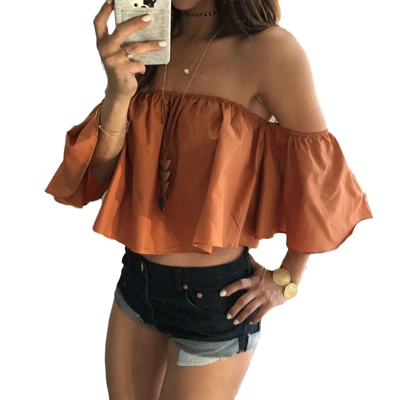 

2017 HOT Fashion Summer Women Girls Solid Off Shoulder Loose Casual Tops Blouse Short Sleeve Crop Tops Shirt Clothes