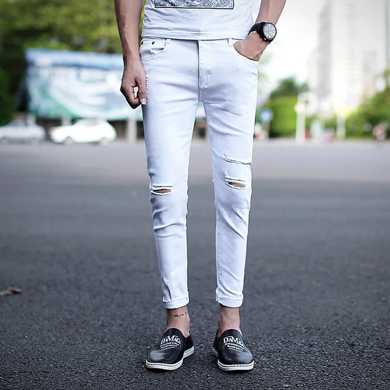 New arrival Spring Summer Knee hole men cowboy hip hop street black white denim skinny jeans men teenagers Ankle length pants