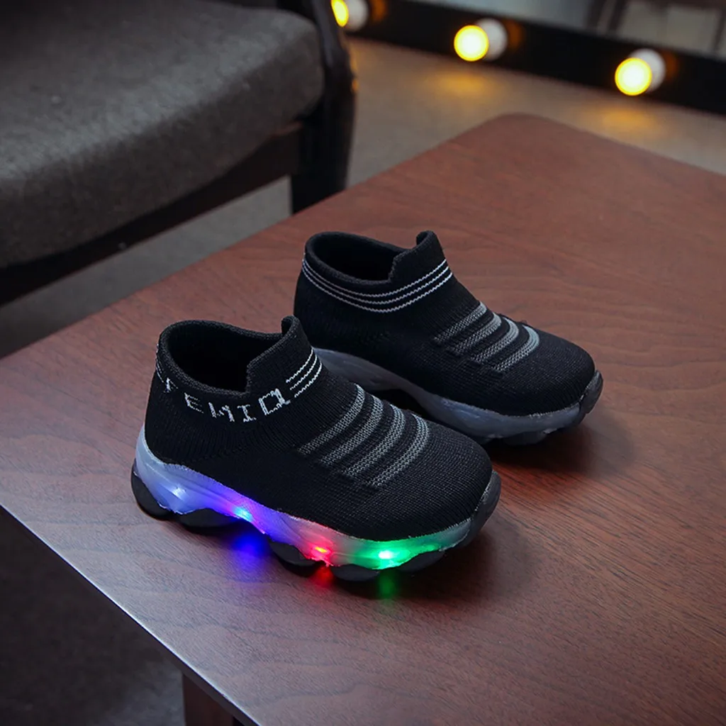 New Fashion Children Baby Girls Boys Letter Mesh Led Luminous Socks Sport Run Sneakers Casual Shoes Kids Shoes With LED