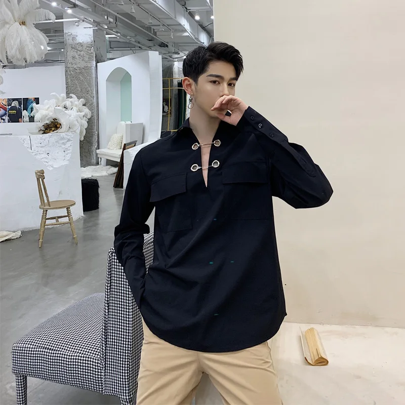 

Male Streetweare Hip Hop Punk Gothic Party Stage Shirt Men Metal Pins Long Sleeve Loose Casual Pullover Black Shirts