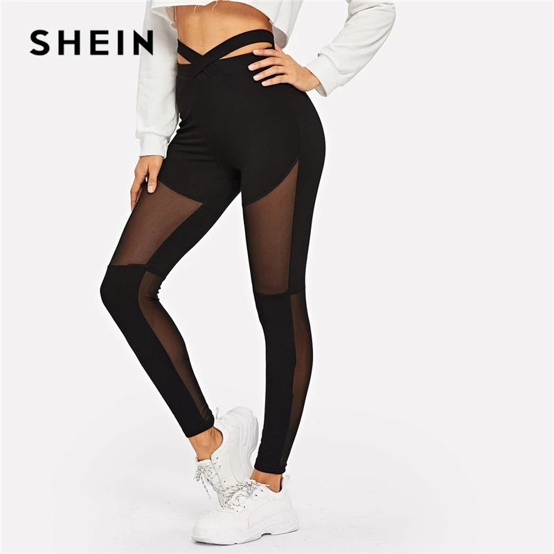 Contrast Waistband Mesh Sports Leggings. Sheer mesh panels