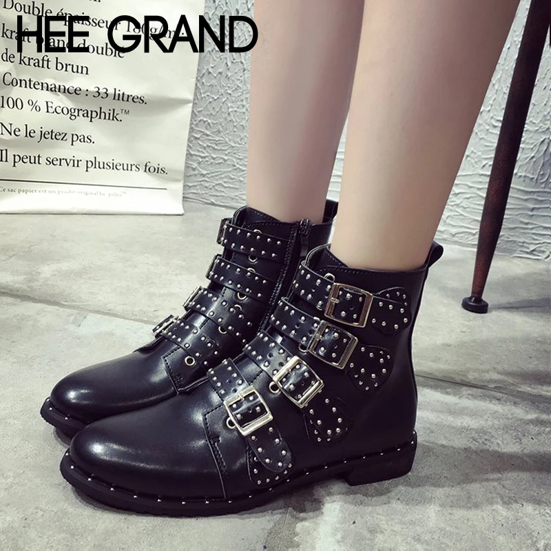 

HEE GRAND Pu Leather Motorcycle Boots Zipper Winter Shoes Women Sexy Ankle Boots Metal Decoration Shoes Woman Size 35-43 XWX6908