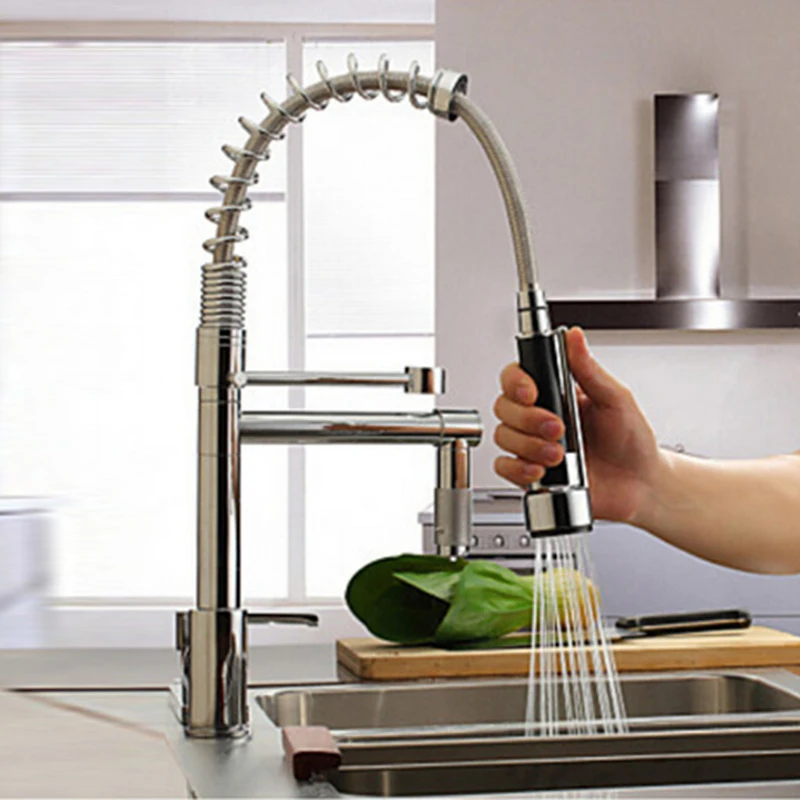 Uythner Modern Solid Brass Chrome Polish Spring Kitchen Faucet Mixer Tap Faucet Single Handle Hole