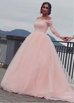 

Pink Vestido De Noiva Muslim Wedding Dresses Ball Gown 3/4 Sleeves Tulle Appliques Lace Dubai Arabic Wedding Gown Bridal