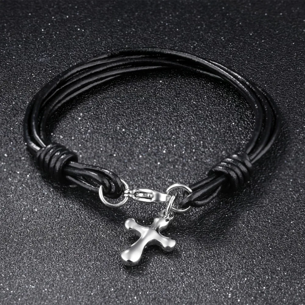 Multilayer Rope leather bracelet Stainless Steel Cross Charms Bracelet
