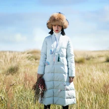 MM224 Новое поступление винтажное длинное теплое зимнее пальто с v-образным вырезом Женская белая куртка-пуховик на утином пуху