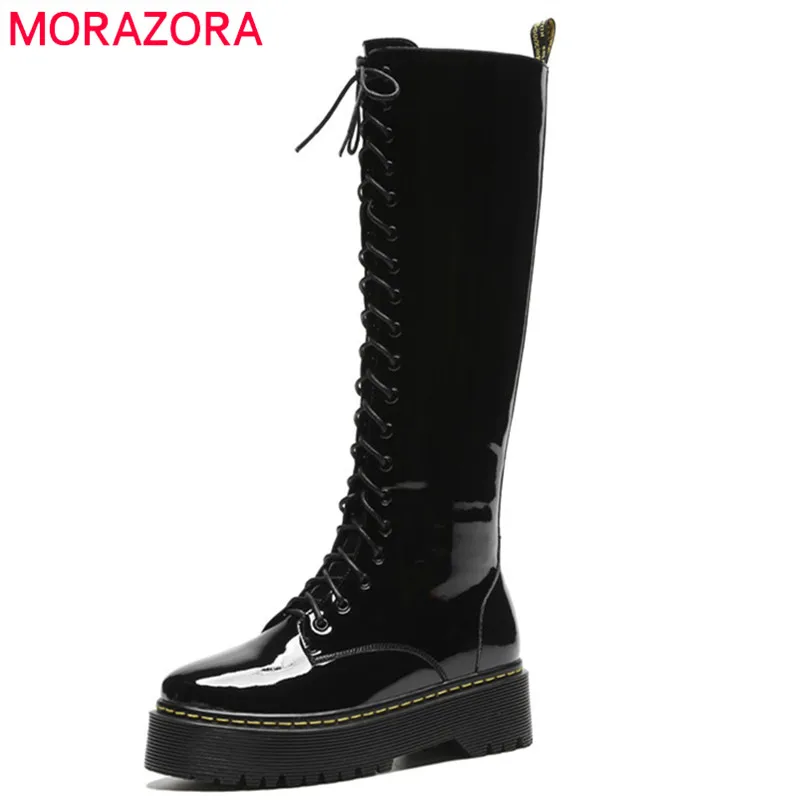 

MORAZORA 2020 hot sale genuine leather knee high boots women round toe autumn boots zipper +lace up punk platform shoes woman