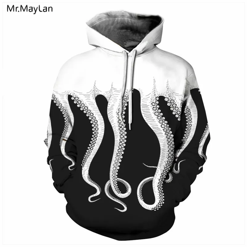 

Creative Octopus Paws 3D Print White Black Hoodies Men Women Pullover Hooded Sweatshirts with Big Pocket Tracksuit Jacket Coat