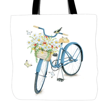 

Welcone Spring Bicycle With Daisies Printing Tote Bag For Shopping Travel School White Canvas Hand Bags Two Sided Printed