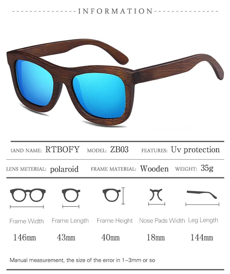 Rtbofy солнцезащитные очки с деревянной оправой Для мужчин и Для женщин солнцезащитные очки с поляризированными стеклами очки Bamboo рамки Винтаж дизайн оттенков UV400 защитные очки