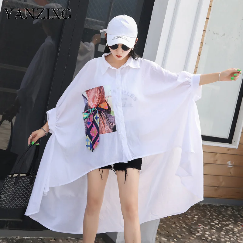 

2019 Summer New Streetwear Turn-down Collar Section Cartoon Print Batwing Sleeve Large Size Casual Shirt Women Blouse E357