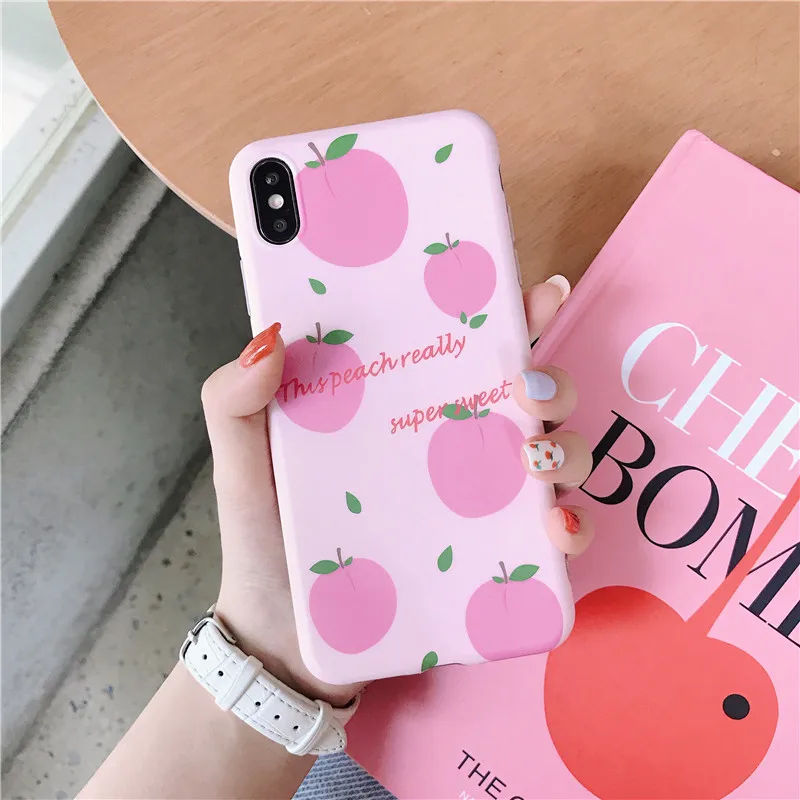 

GYKZ Cartoon Peach Pink Phone Case For iPhone 7 XS MAX X XR 8 6 6s Plus Summer Fruit Back Cover For iPhone X Letter Print Fundas