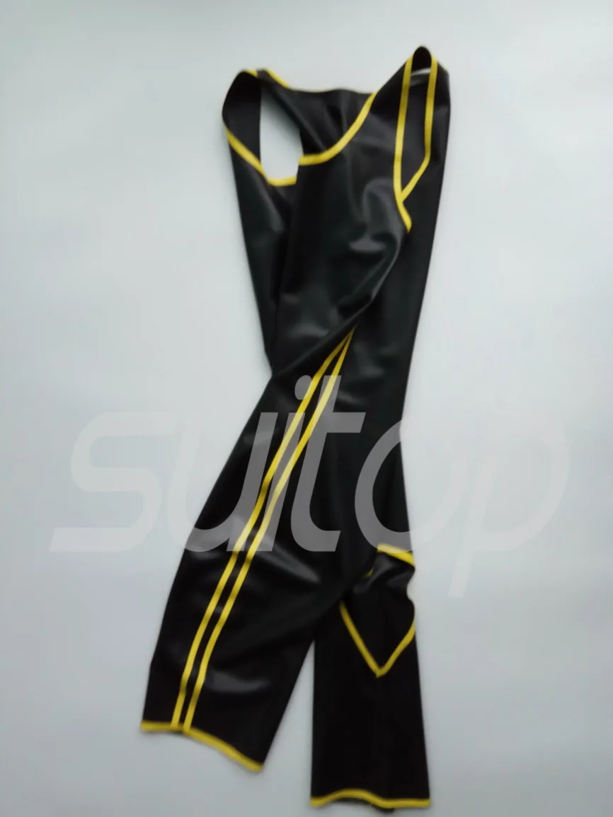 Wet Look Sexy Men Latex Catsuit rubber Bodysuit open ass (Black and yellow trim)