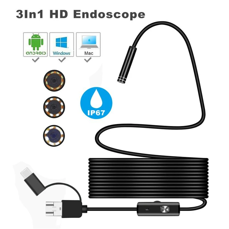 1M 2M 5M Hard Wire 1200P 3in1 Android USB Type-C Endoscope Inspection Camera Borescope LED Light Waterproof | Безопасность и