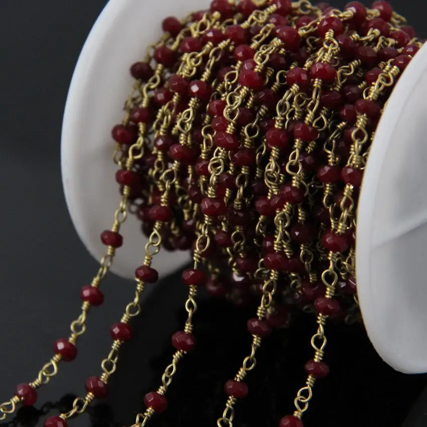 5Meter Wine red color Malaysia Jade Rosary Chain Faceted Rondelle with Brass Wire Wrapped Chains DIY