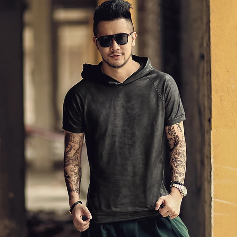 

Men Summer retro black elastic fabric short sleeve sweatshirt Men hooded hat fashion slim brand solid hip hops T-shirt new