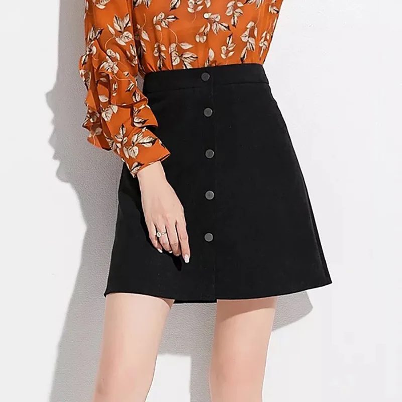 

S002 casual black a-line velvet buttons front mini skirt