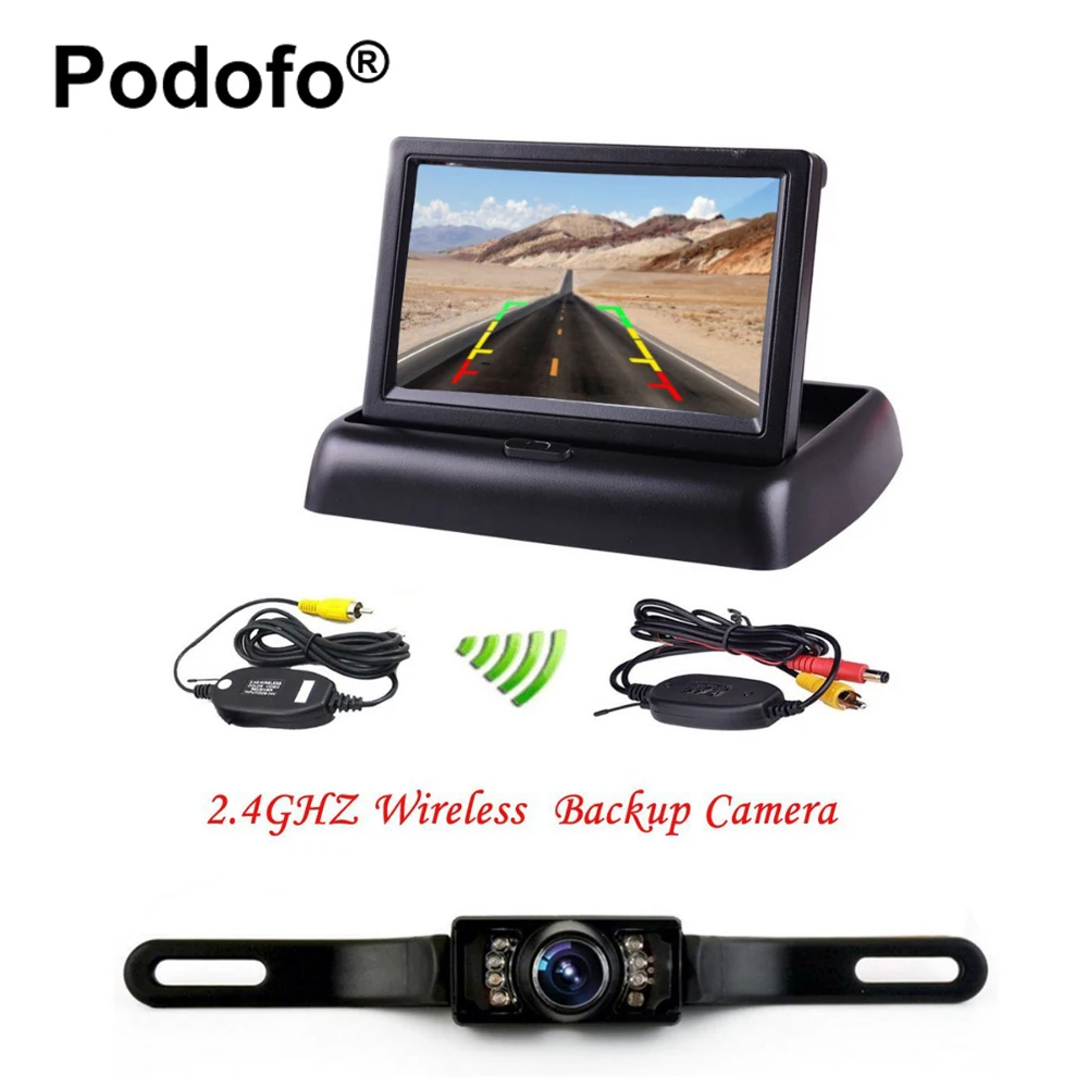 

Podofo Wireless Reversing Camera HD 4.3" LCD Foldable Car Monitor with Rear View Camera IR Night Vision Parking Reverse System